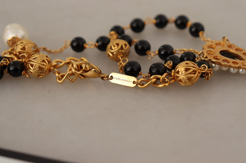 Gold Tone Brass Cross Chain Black Crystal Beaded Necklace