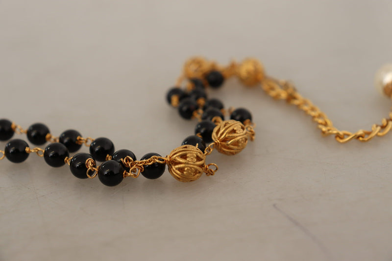 Gold Tone Brass Cross Chain Black Crystal Beaded Necklace