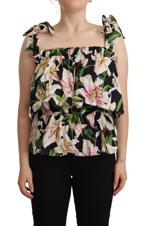 Black Floral Print Blouse Cotton Top