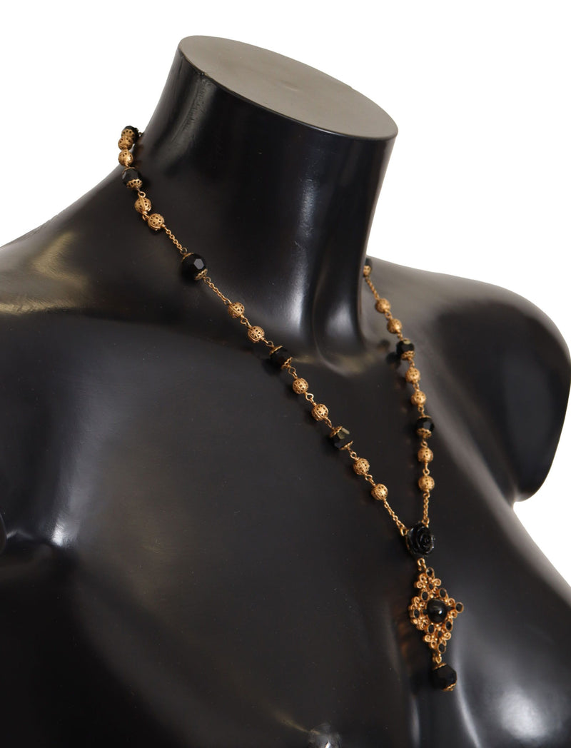 Gold Chain Brass Black Roses Beaded Statement Sicily Necklace