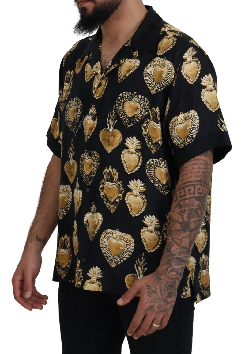 Black Gold Heart Short Sleeve Silk Satin Shirt