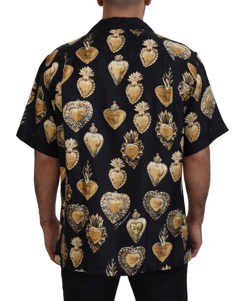 Black Gold Heart Short Sleeve Silk Satin Shirt