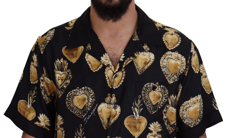 Black Gold Heart Short Sleeve Silk Satin Shirt