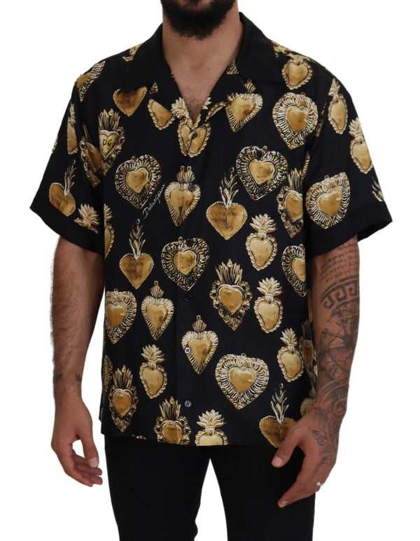 Black Gold Heart Short Sleeve Silk Satin Shirt