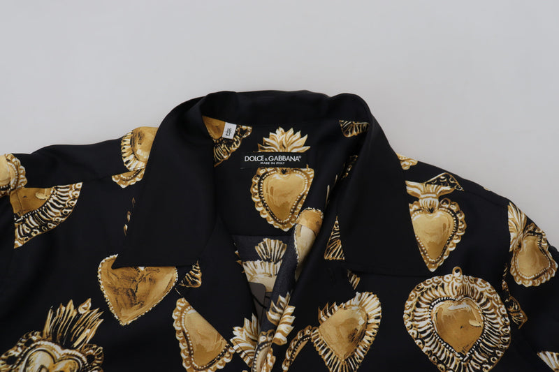 Black Gold Heart Short Sleeve Silk Satin Shirt