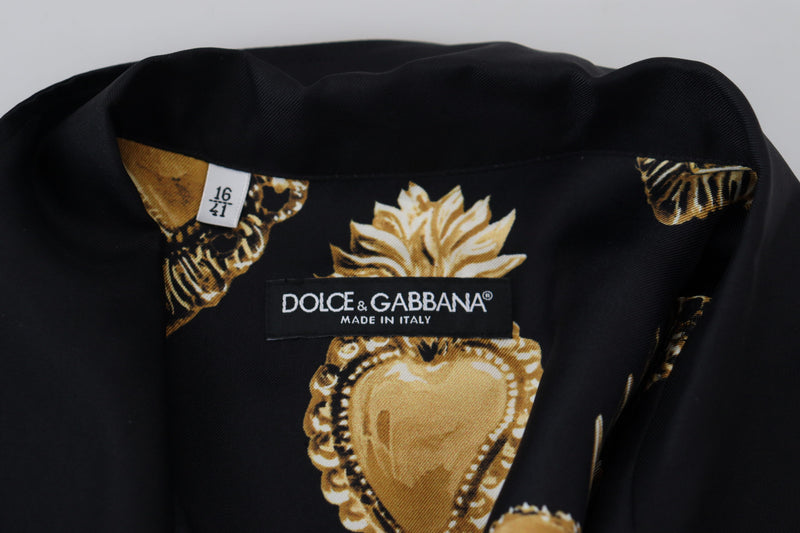 Black Gold Heart Short Sleeve Silk Satin Shirt