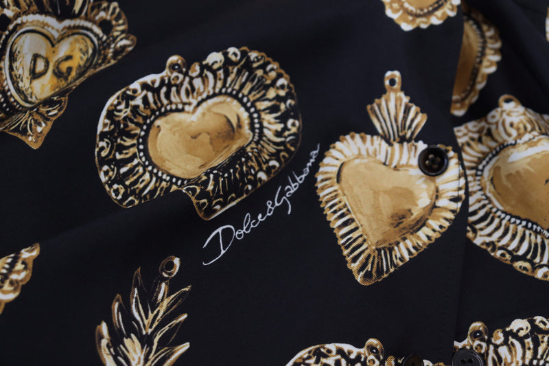 Black Gold Heart Short Sleeve Silk Satin Shirt