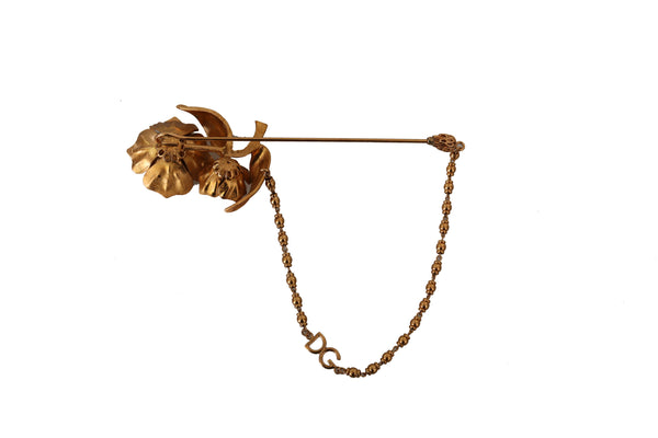 Gold Tone Real Brass Flower Chain Pin Brooch