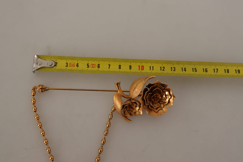 Gold Tone Real Brass Flower Chain Pin Brooch