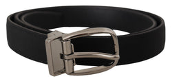 Black Grosgrain Leather Silver Logo Buckle Belt