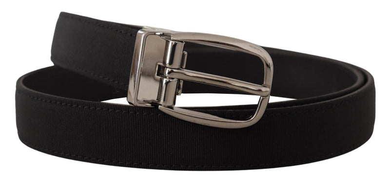 Black Grosgrain Leather Silver Logo Buckle Belt