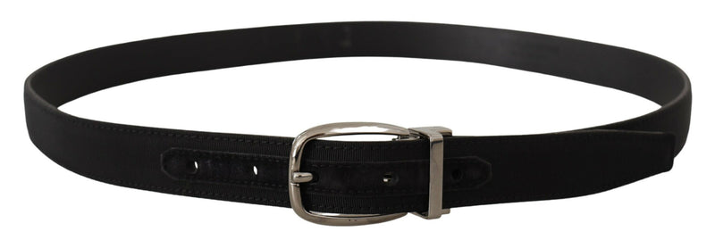 Black Grosgrain Leather Silver Logo Buckle Belt