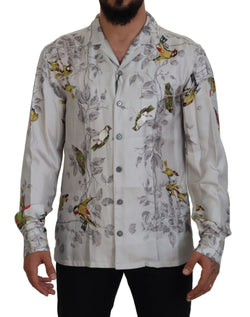 White Bird Print Silk Satin Casual Shirt