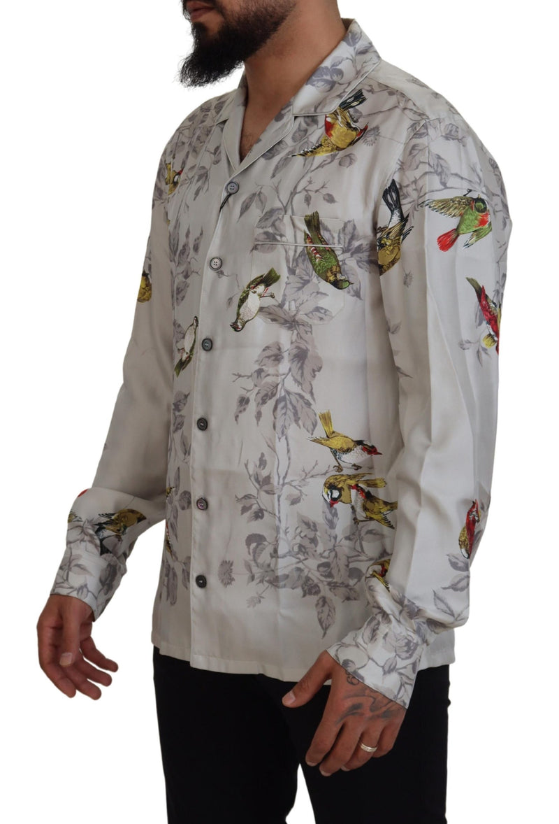 White Bird Print Silk Satin Casual Shirt