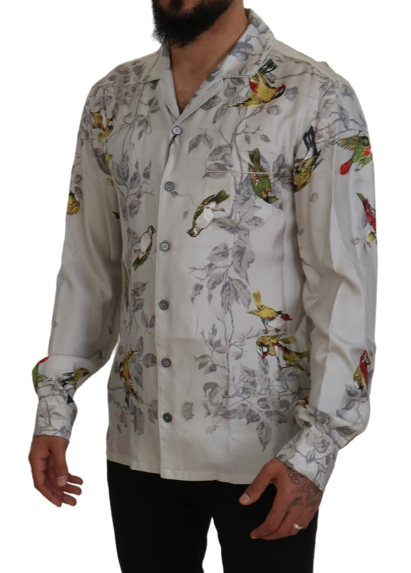 White Bird Print Silk Satin Casual Shirt