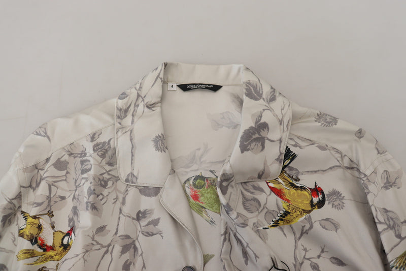 White Bird Print Silk Satin Casual Shirt