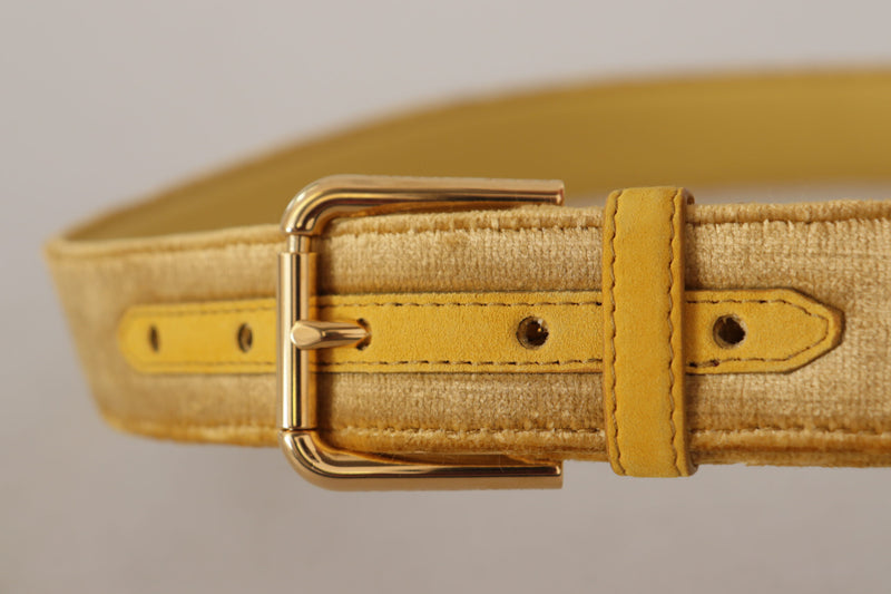 Yellow Velvet Gold Metal Logo Engraved Buckle Belt