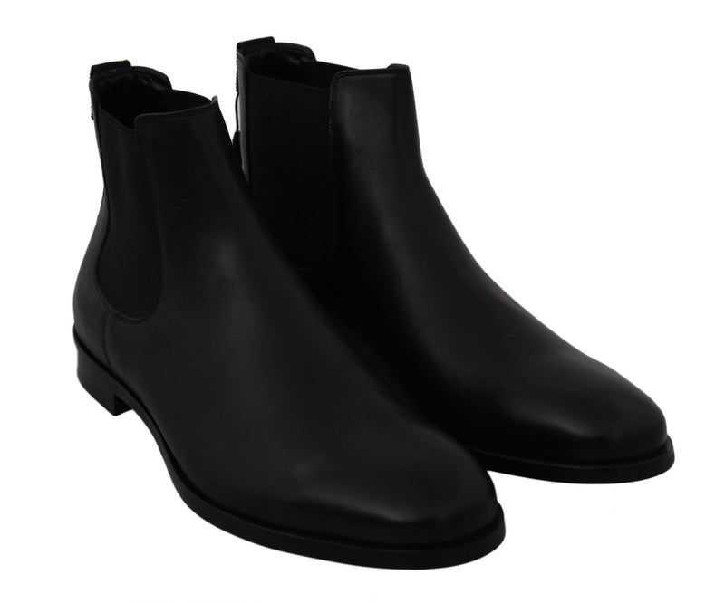 Black Leather Stretch Band Boots Derby Shoes