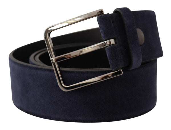 Navy Blue Velvet Leather Silver Logo Buckle Belt