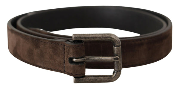 Brown Velvet Leather Vintage Metal Logo Buckle Belt