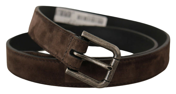 Brown Velvet Leather Vintage Metal Logo Buckle Belt