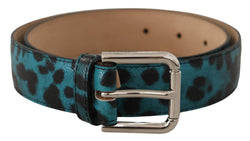 Blue Leopard Print Leather Logo Metal Buckle Belt