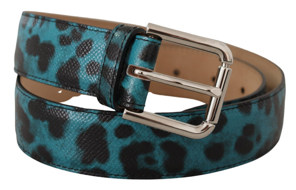 Blue Leopard Print Leather Logo Metal Buckle Belt