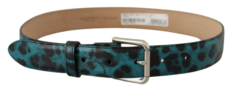 Blue Leopard Print Leather Logo Metal Buckle Belt