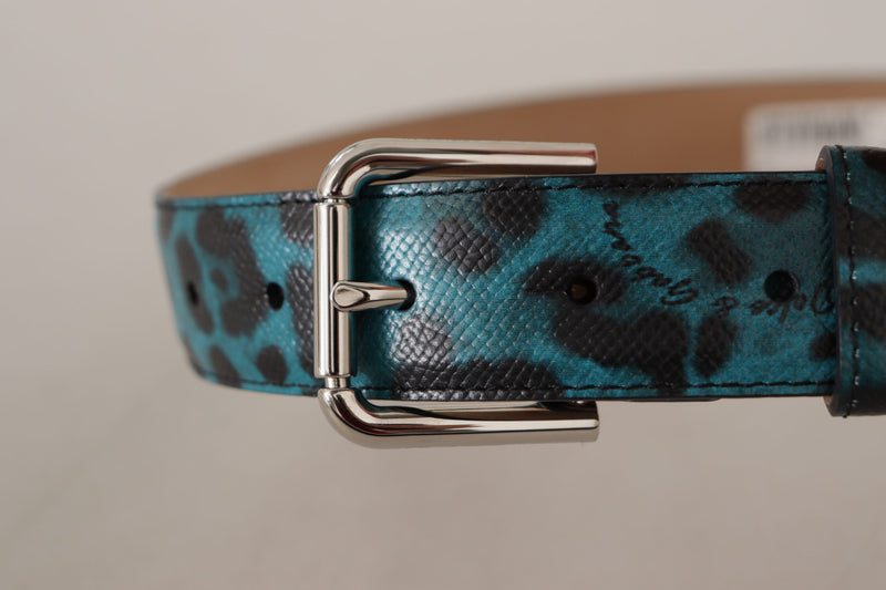 Blue Leopard Print Leather Logo Metal Buckle Belt