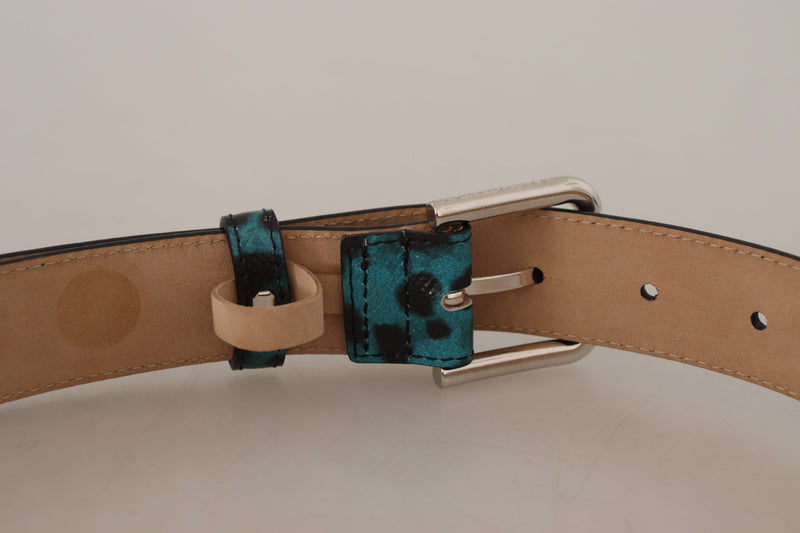 Blue Leopard Print Leather Logo Metal Buckle Belt