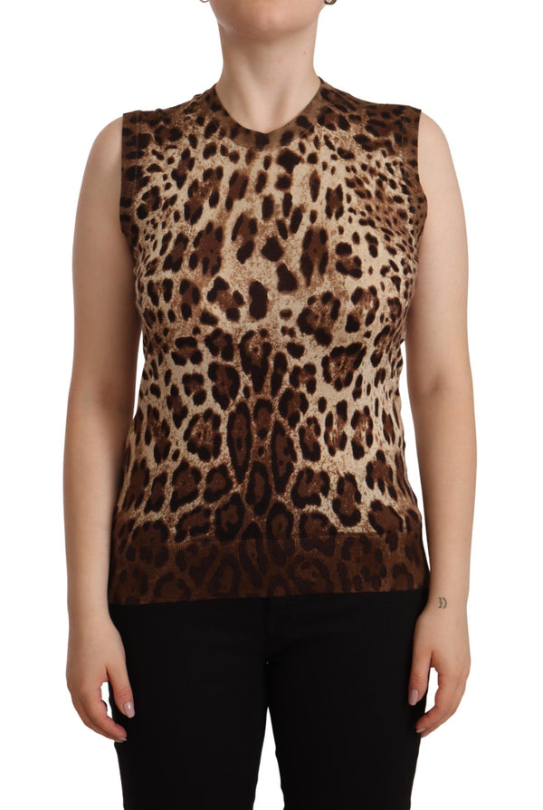 Brown Leopard Cashmere Silk Tank Blouse Top