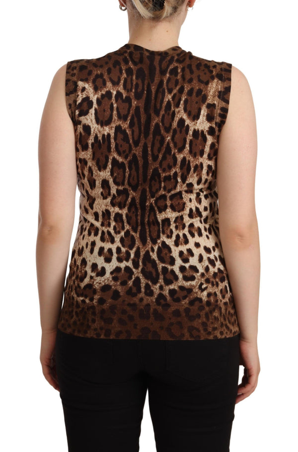 Brown Leopard Cashmere Silk Tank Blouse Top