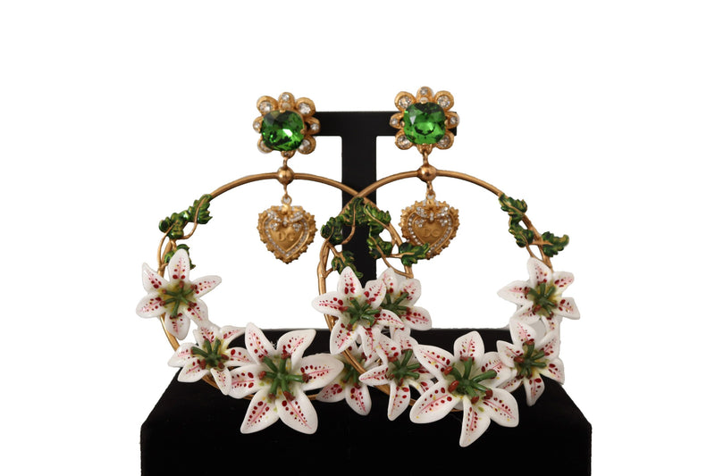 Gold Amore Heart Floral Crystal Clip On Dangling Hoop Earrings