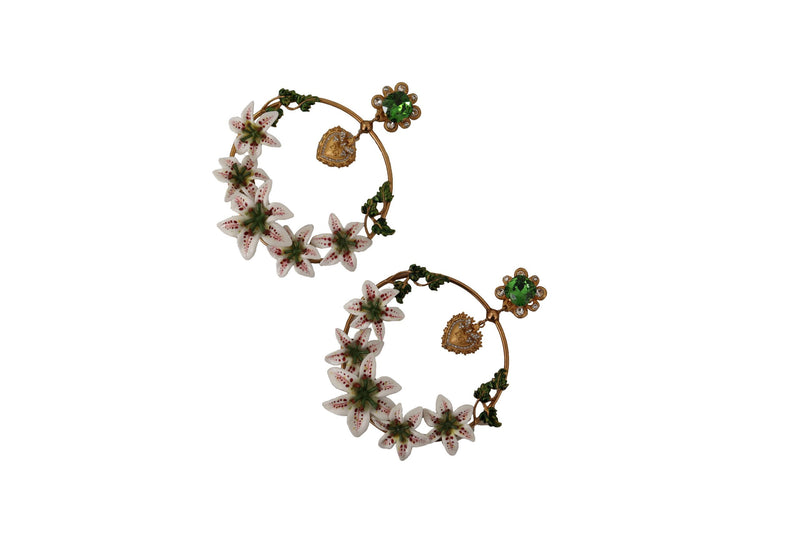 Gold Amore Heart Floral Crystal Clip On Dangling Hoop Earrings