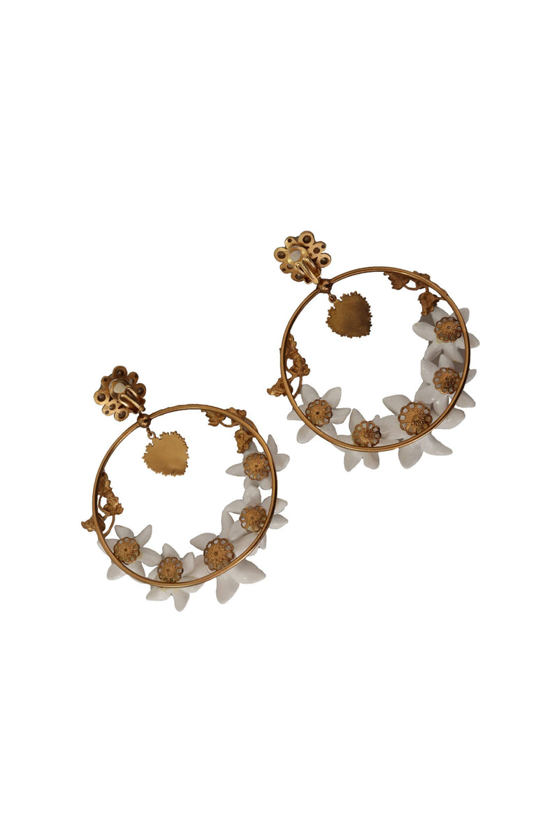 Gold Amore Heart Floral Crystal Clip On Dangling Hoop Earrings