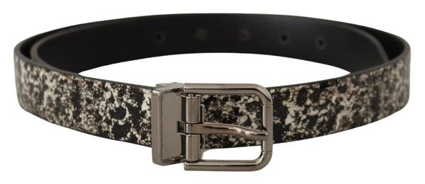 Black Marble Print Leather Silver Logo Buckle Belt