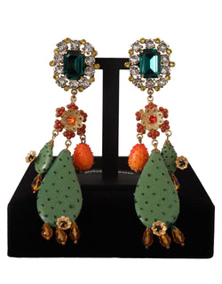 Green Cactus Crystal Gold Clip-on Jewelry Dangling  Earrings