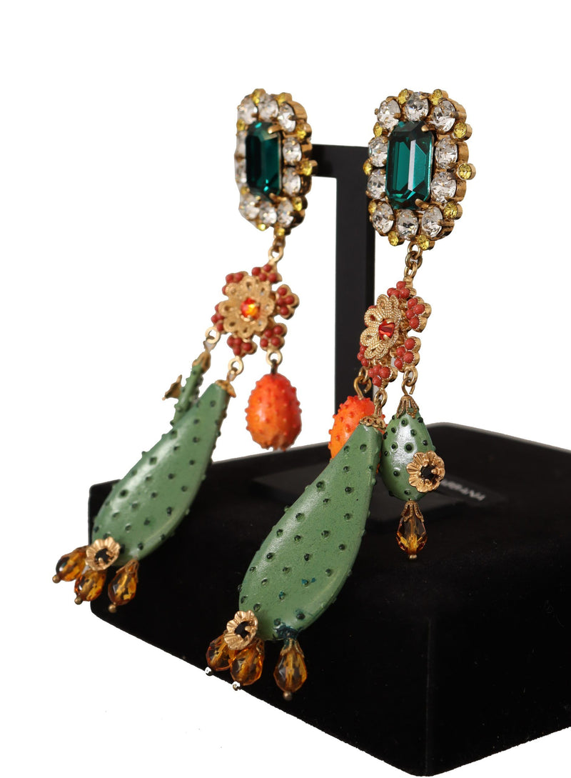 Green Cactus Crystal Gold Clip-on Jewelry Dangling  Earrings