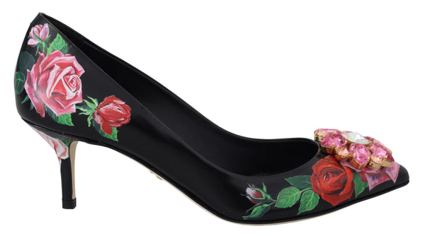 Black Floral Print Crystal Heels Pumps Shoes