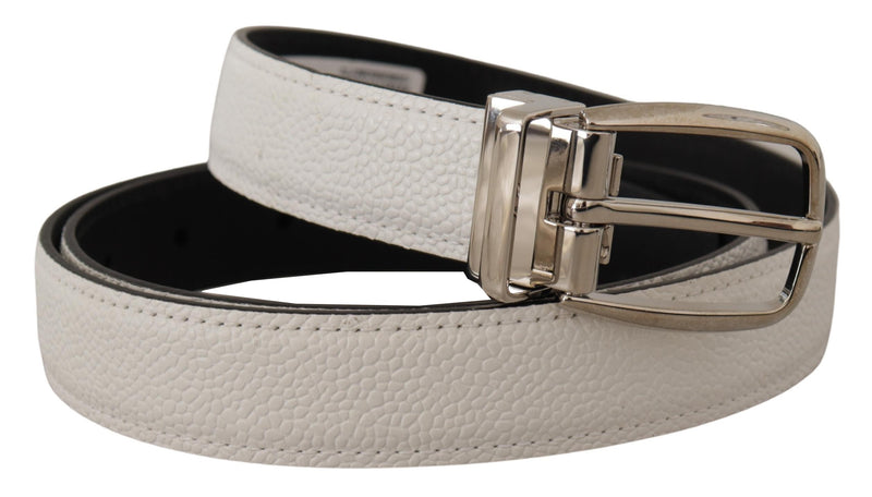 White Calf Leather Silver Tone Logo Metal Buckle Belt