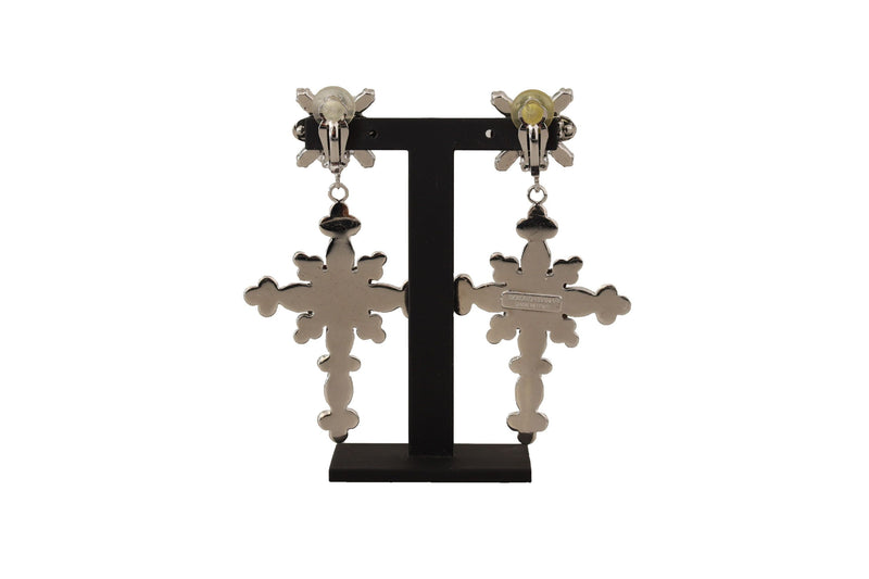 Silver Brass Cross Clear Crystal Clip On Dangling Earrings