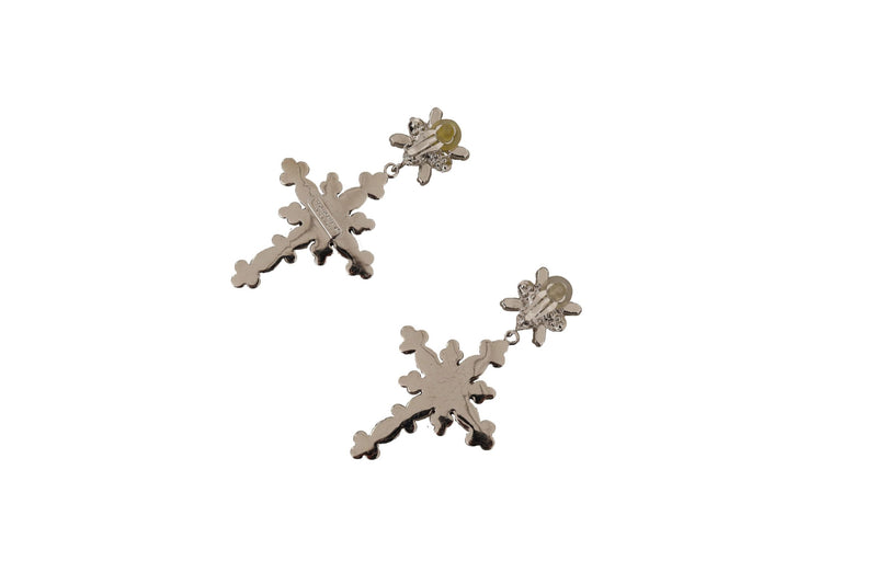 Silver Brass Cross Clear Crystal Clip On Dangling Earrings