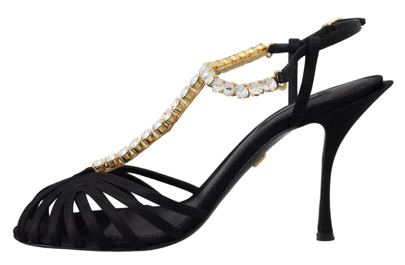 Black Satin Clear Crystal T-strap Sandal Shoes