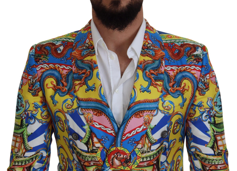 Multicolor Dragon Print Silk Slim Fit Blazer