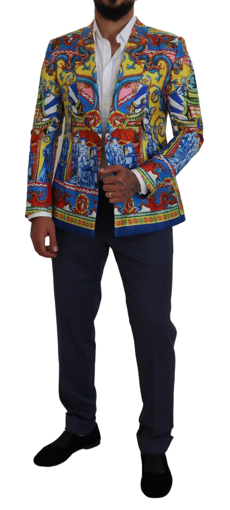 Multicolor Dragon Print Silk Slim Fit Blazer