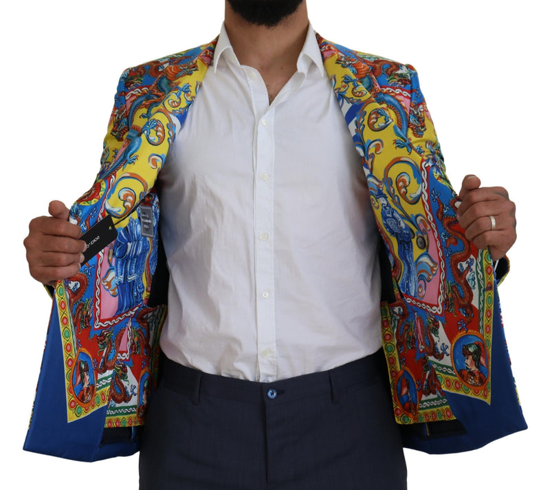 Multicolor Dragon Print Silk Slim Fit Blazer