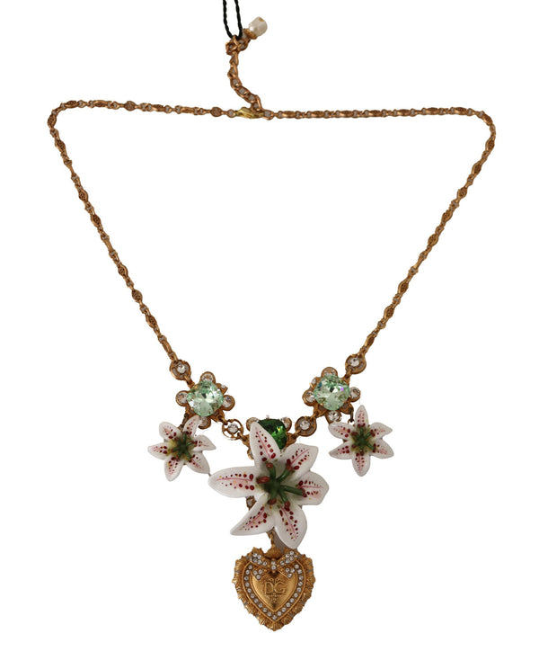 Gold Brass Lilium Floral Sicily Charm Crystal Necklace