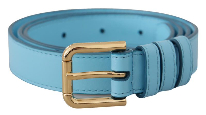 Sky Blue Leather Gold Tone Metal Logo Buckle Belt