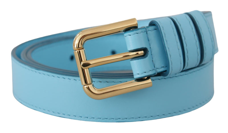 Sky Blue Leather Gold Tone Metal Logo Buckle Belt