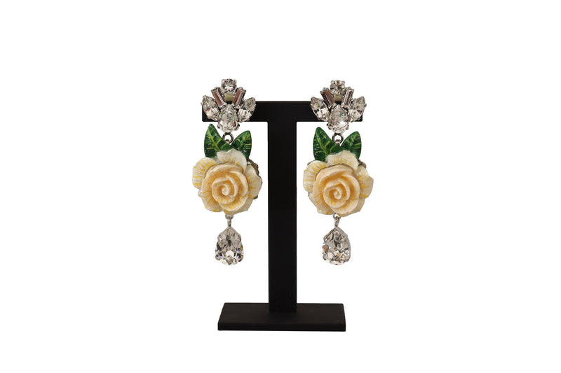 Silver Brass Roses Clear Crystal Clip On Dangling Earrings